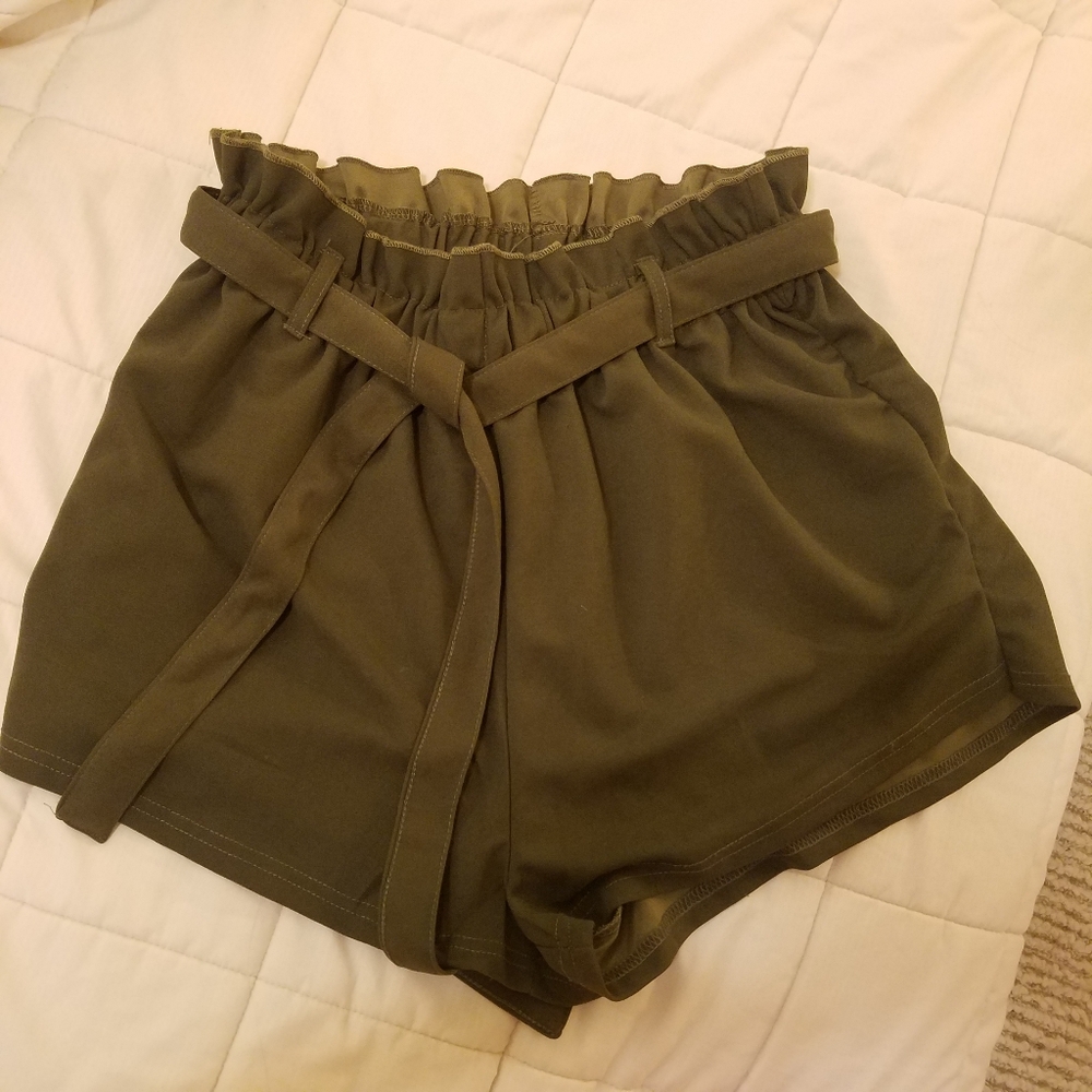 High Waist Olive Green Paperbag Ruffled Shorts With Matching Tie | Summer Staple